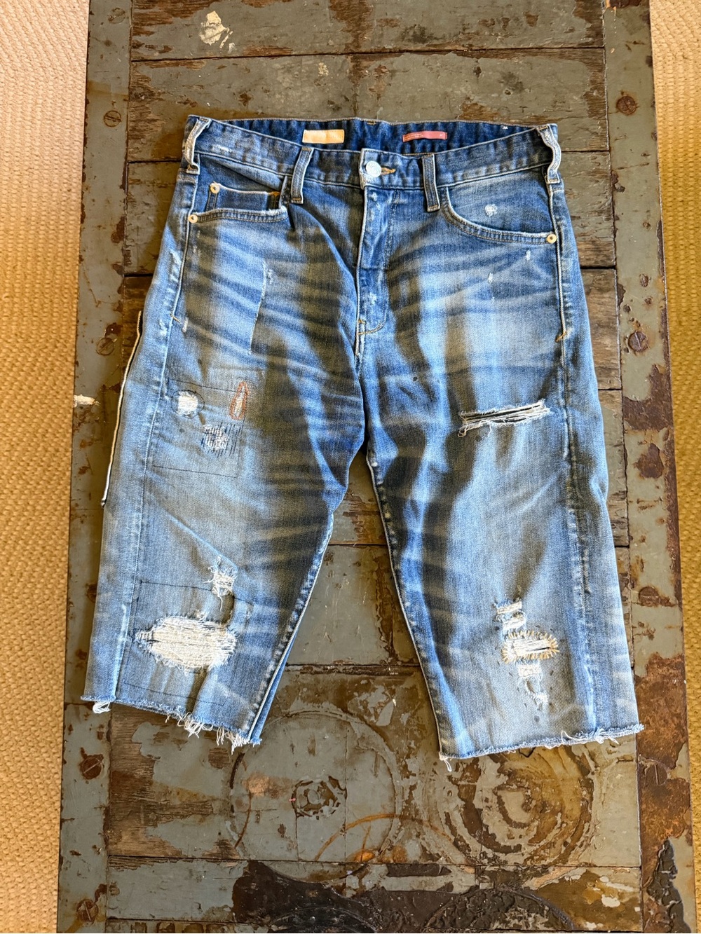 Pilcro Distressed and Patchwork Blue Denim Shorts
